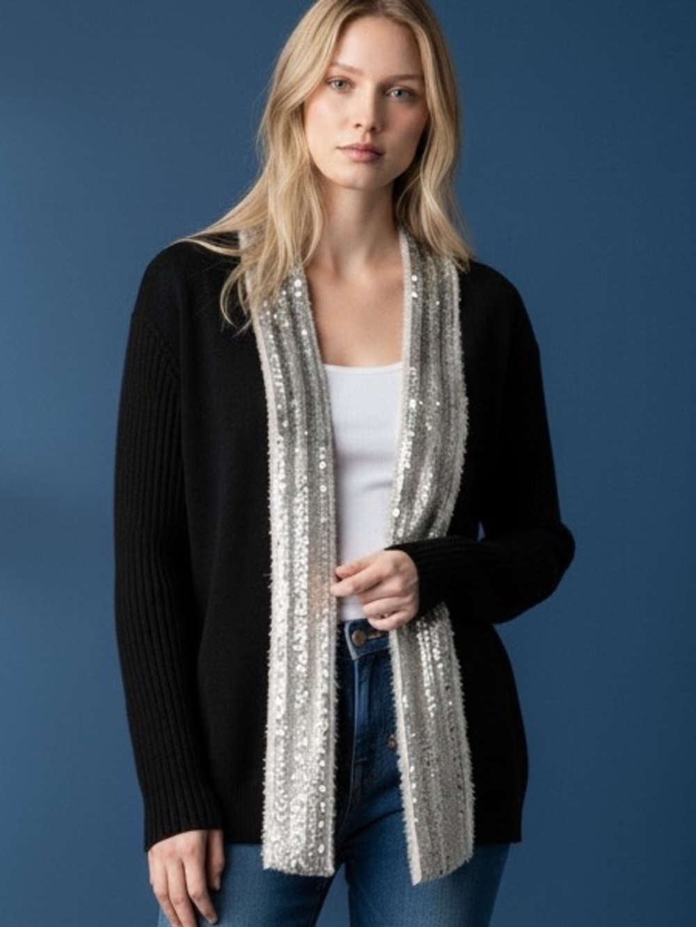❤️ Tory Burch ‘Quincy’ Sequin Trim Black Linen Blend Open Sweater